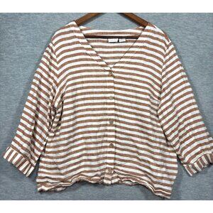 Rachel Zoe‎ Womens Top XL Striped V-Neck Button-Down Top 100% Linen